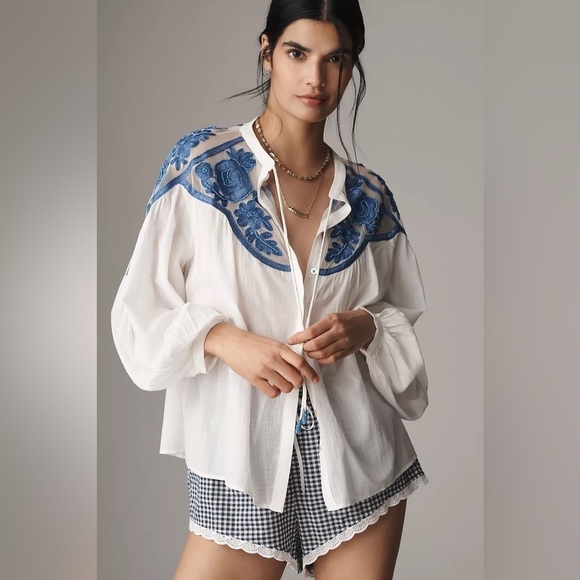Anthropologie Tops - By Anthropologie Long-Sleeve Two-Tone Lace Blouse 🌿